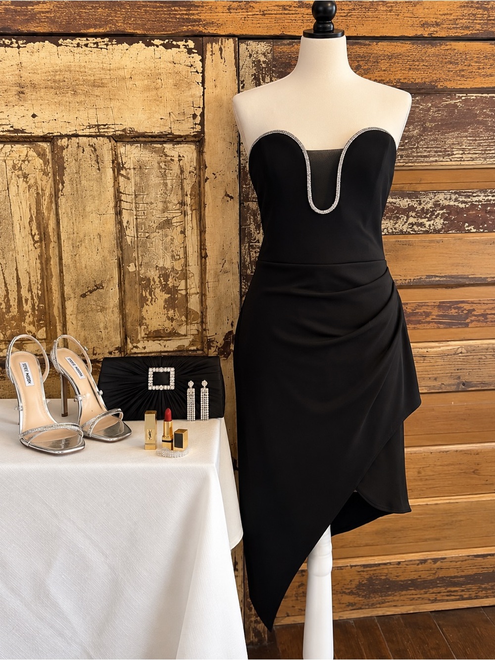 Emerald Sundae Black Strapless Cocktail Dress | Rhinestone Asymmetrical | XL